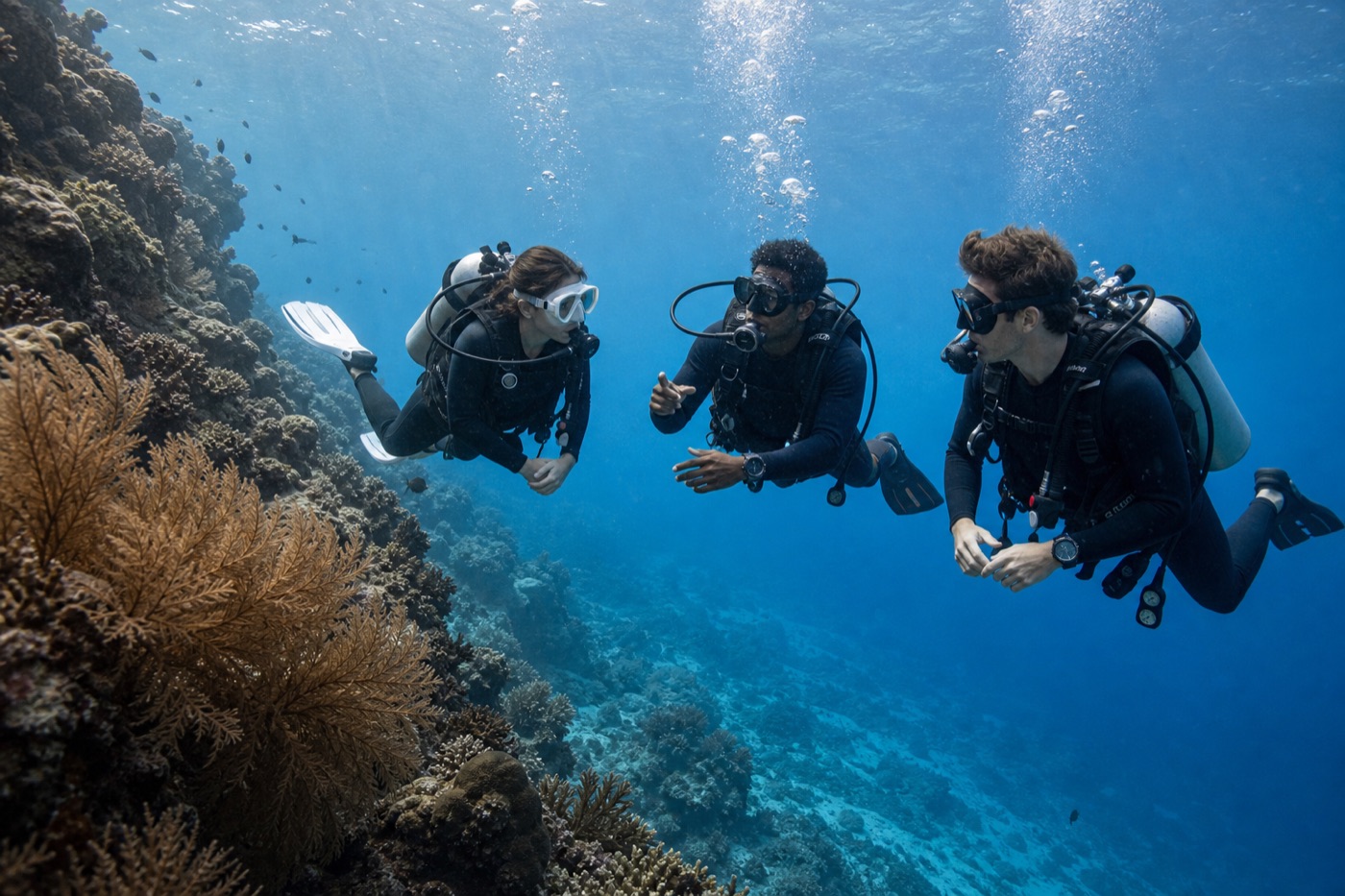 Divers swimming along a reef wall
