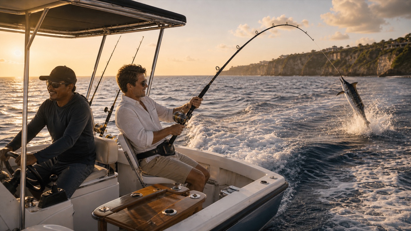 Guests fishing from a private boat at sunset