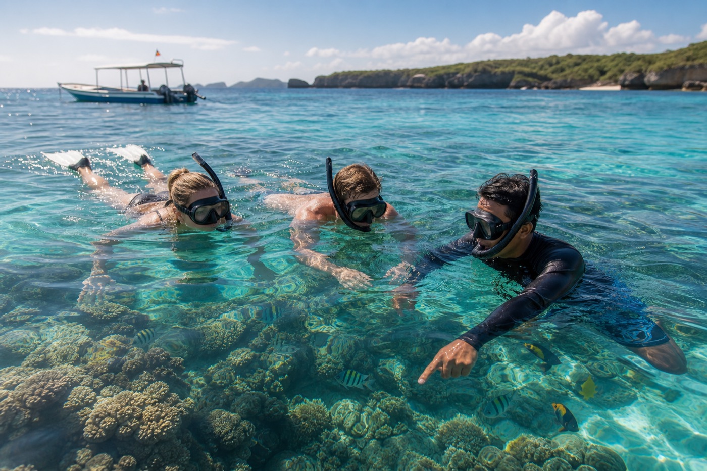 Guests snorkeling over coral in clear water